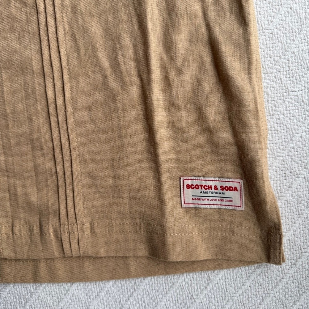 Scotch & Soda Tan Linen Blend Pintuck Pleated Short Sleeve Shirt Mens Large - Picture 7 of 9